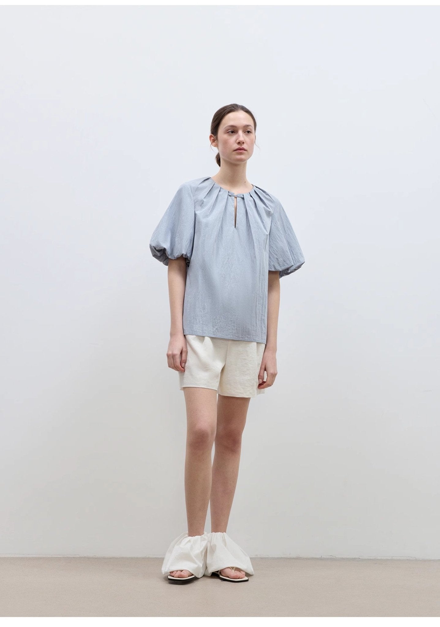 "Iceland Diary" neckline pleated design round neck tie puff sleeve short sleeve shirt for women - variant_title