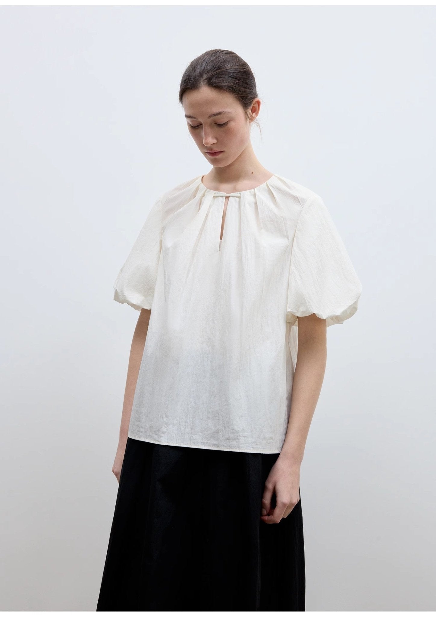 "Iceland Diary" neckline pleated design round neck tie puff sleeve short sleeve shirt for women - variant_title