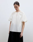 "Iceland Diary" neckline pleated design round neck tie puff sleeve short sleeve shirt for women - variant_title