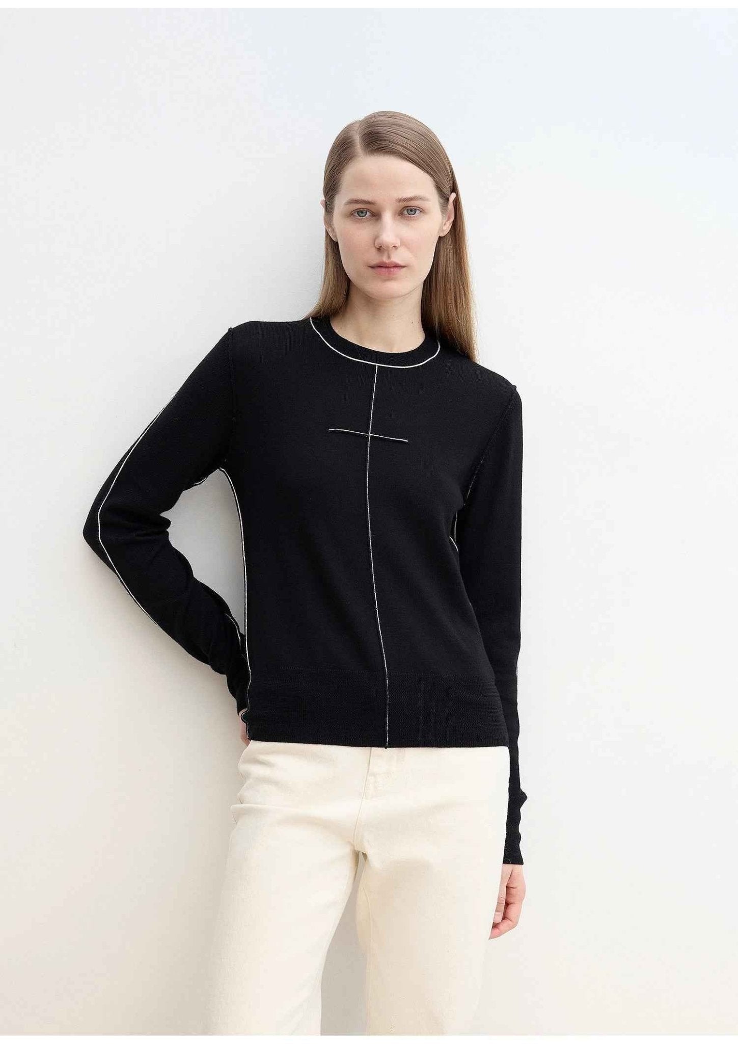 “Imbell"Imported Yangtze 30NM Contrast Stitch Wool Knit Skin - Friendly Short Top - variant_title