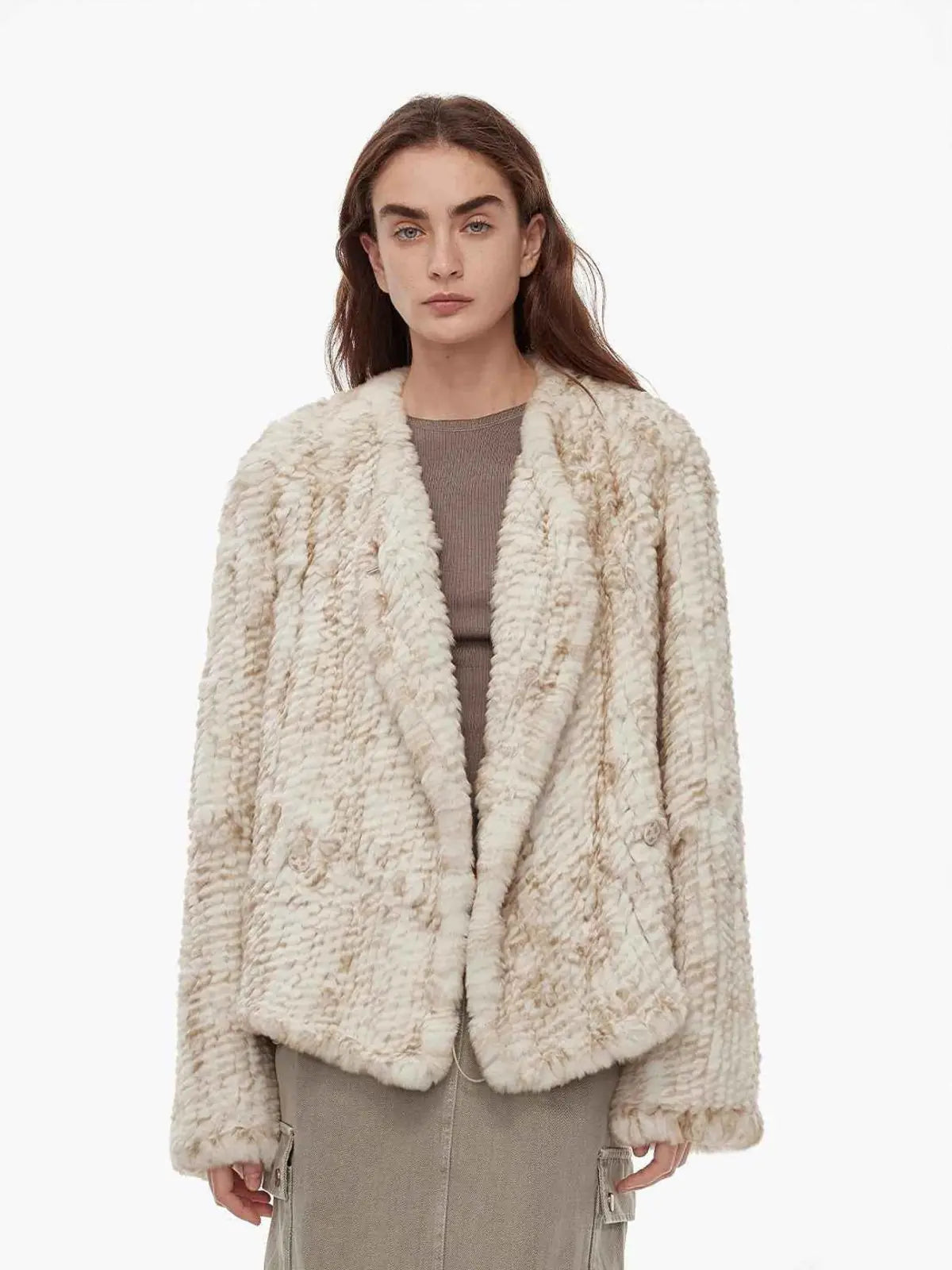 Inspiration Glimpse white apricot Rex rabbit fur coat on model close-up