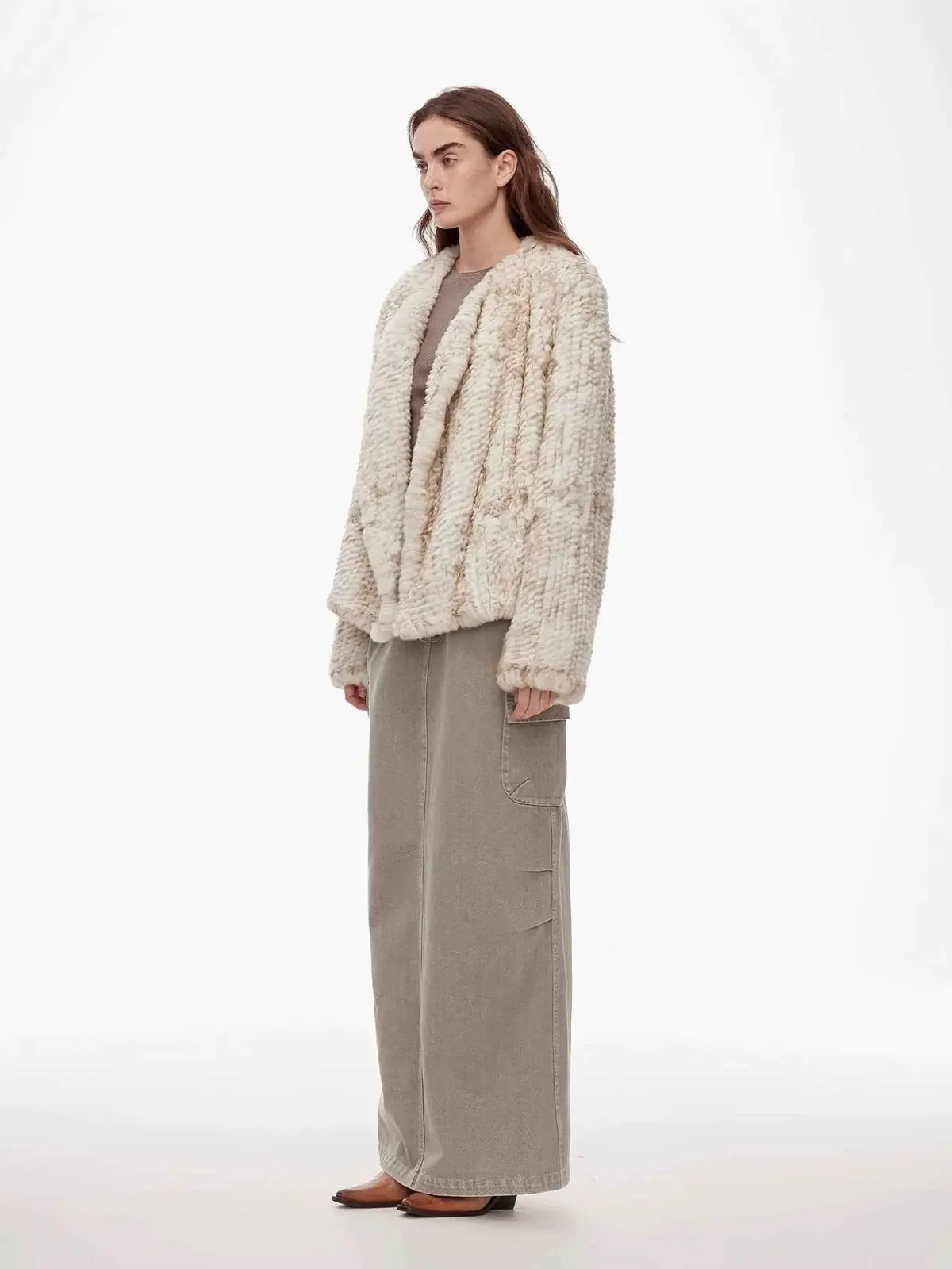 Inspiration Glimpse white apricot rabbit fur coat side model view
