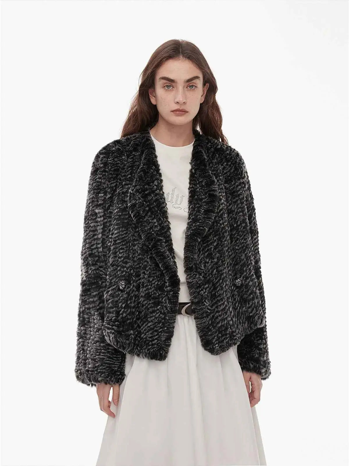 Inspiration Glimpse black and white Rex rabbit fur coat on model