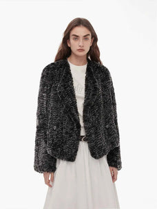 Inspiration Glimpse black and white Rex rabbit fur coat on model