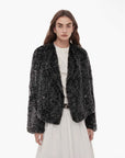 Inspiration Glimpse black and white Rex rabbit fur coat on model
