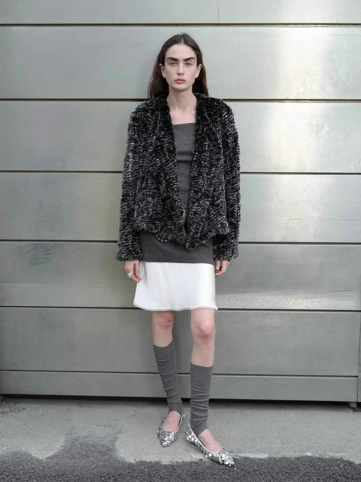 Inspiration Glimpse black and white rabbit fur coat street style view