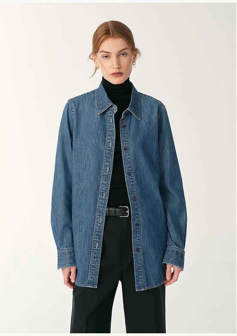 Italian imported BERTO denim classic old money style lapel shirt for women - variant_title