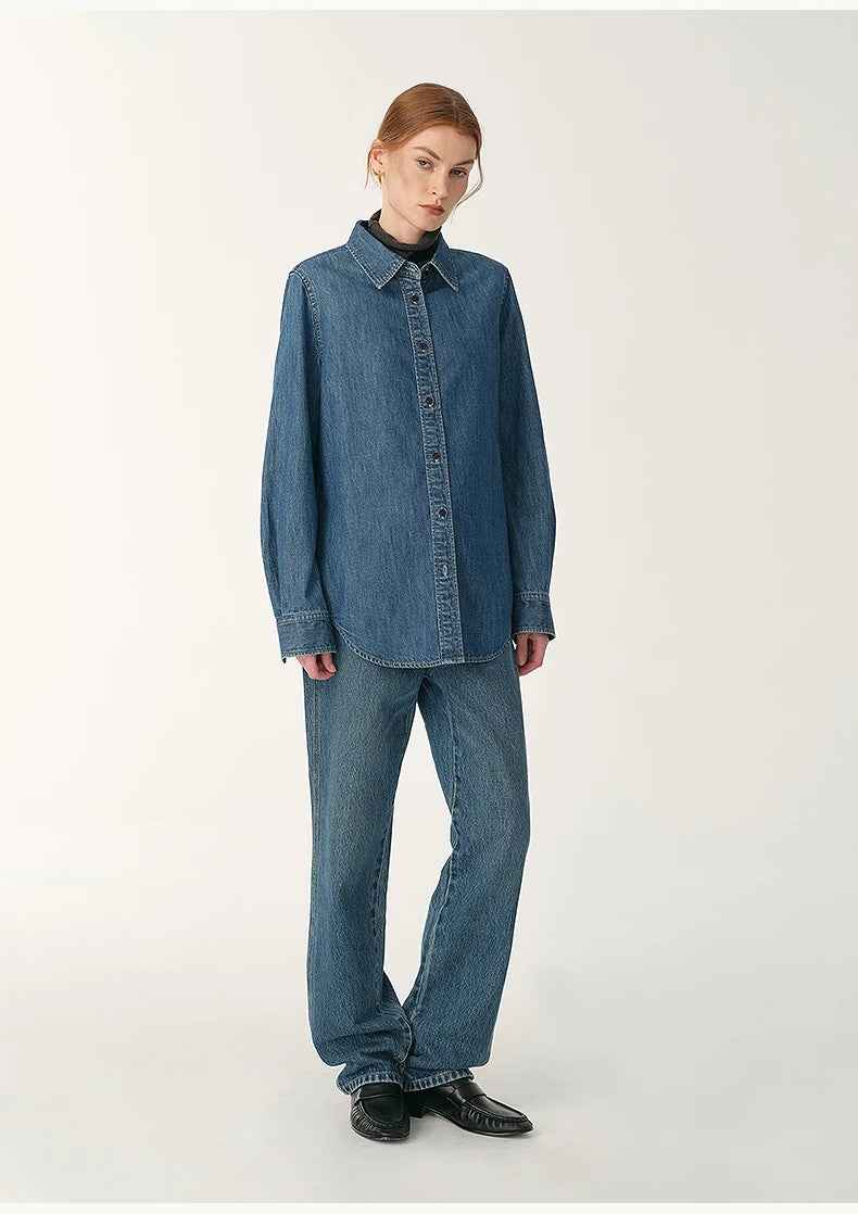 Italian imported BERTO denim classic old money style lapel shirt for women - variant_title