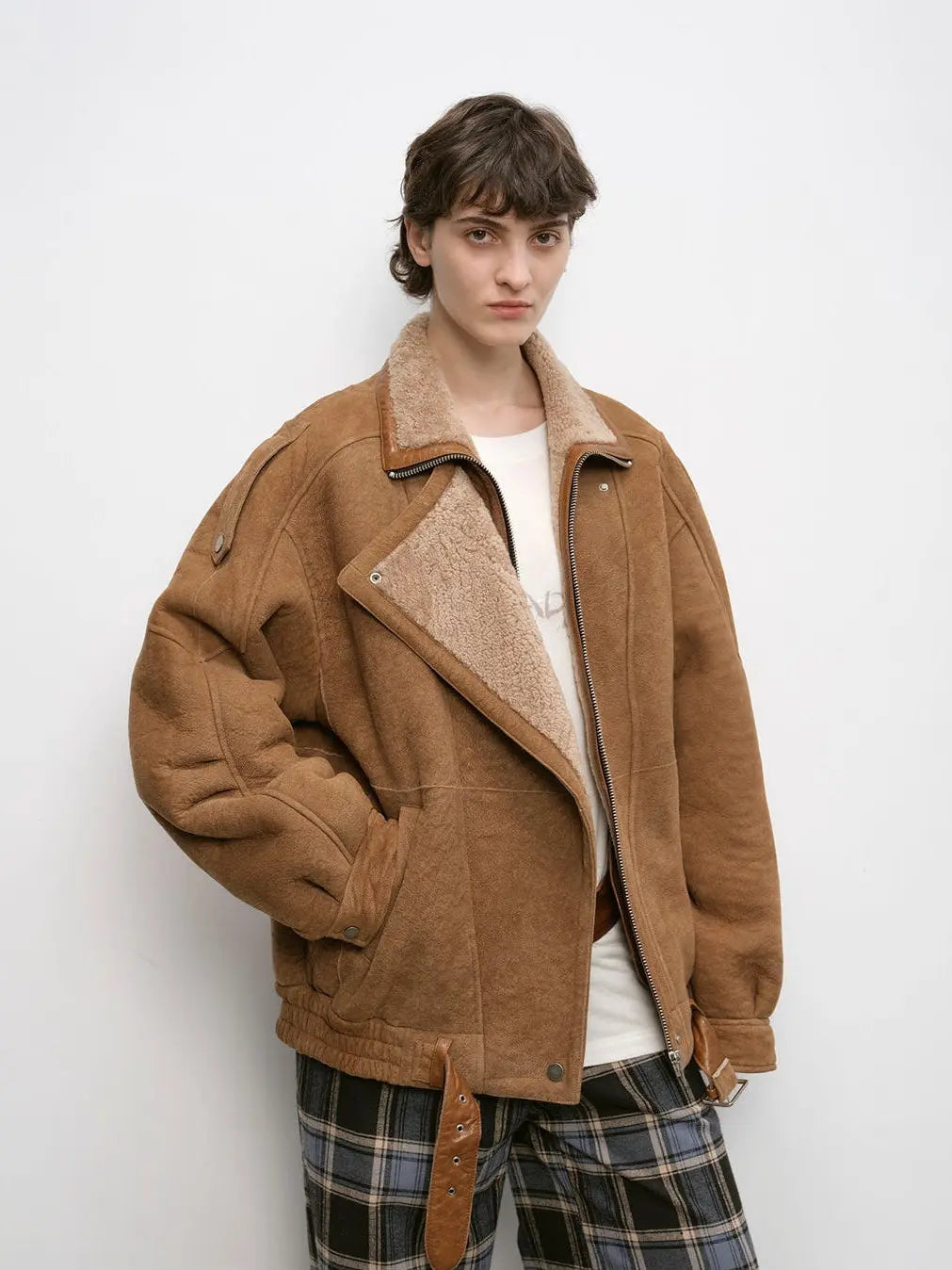Woman wearing the Jazz Party brown Merino shearling motorcycle jacket