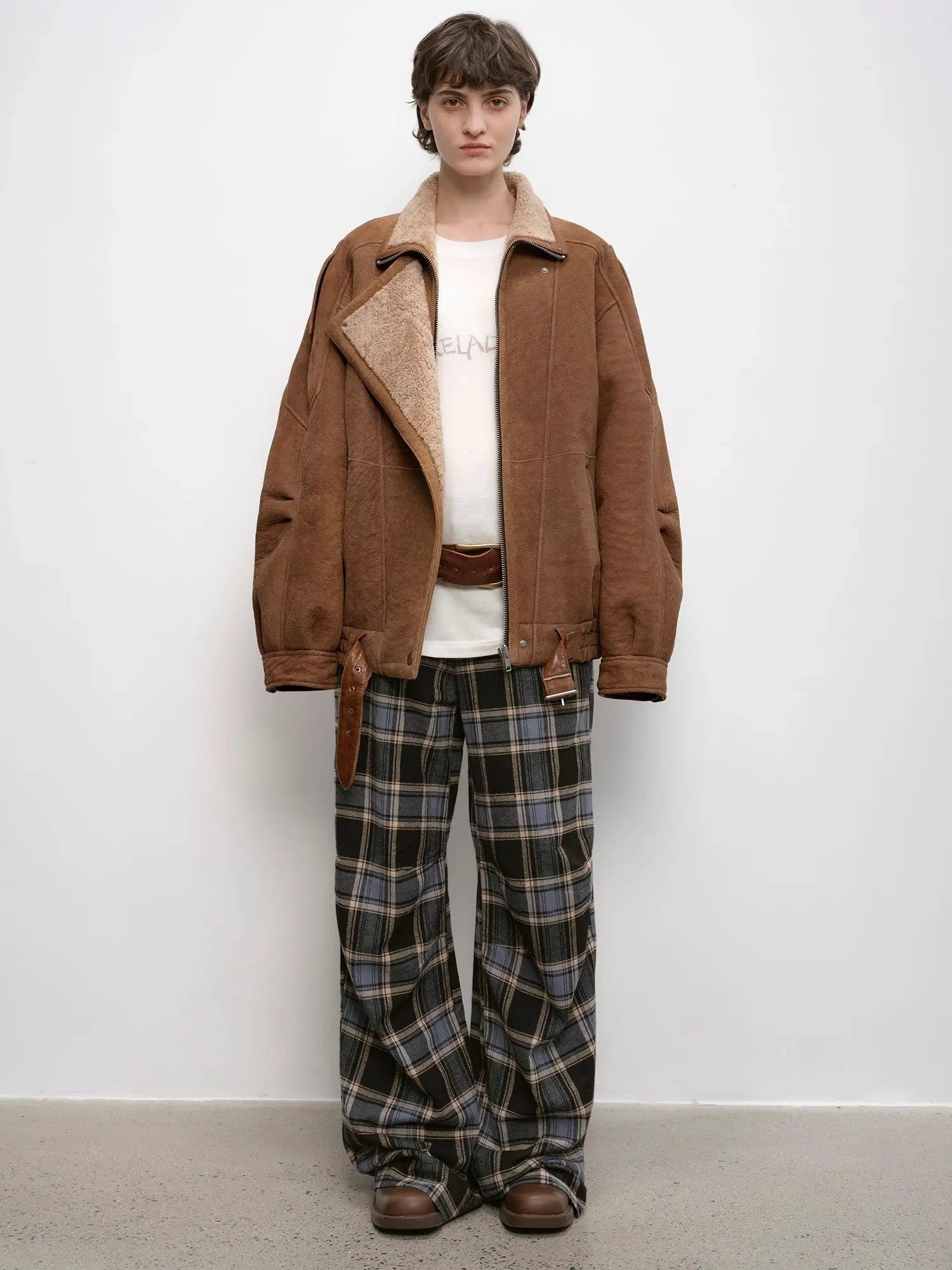 Jazz Party brown Merino shearling short jacket, full-length front view