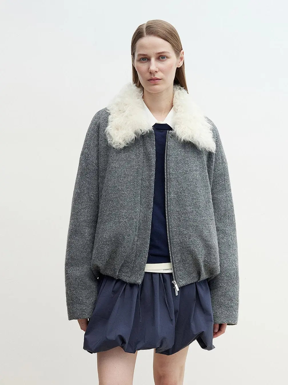 Fireladyfur Johnny dark gray parka with Tuscan fur collar front model view