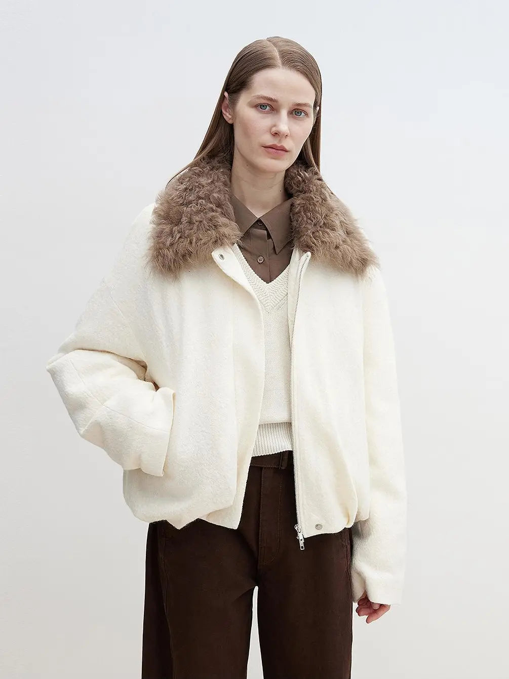 Fireladyfur Johnny off-white parka with brown Tuscan fur collar front view