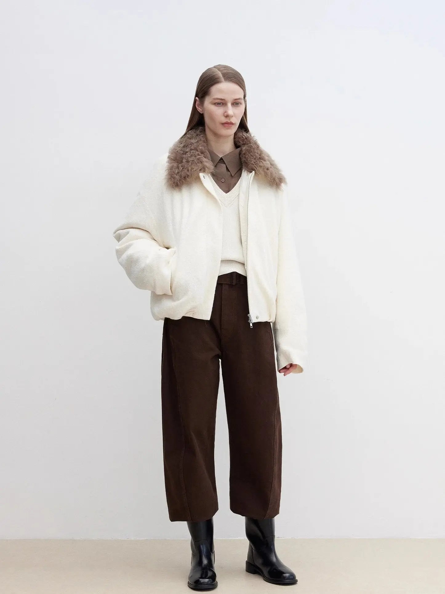 Fireladyfur Johnny off-white Tuscan fur collar parka full-body front view