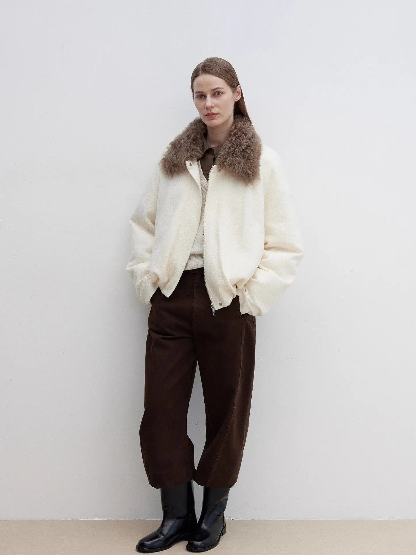 Fireladyfur Johnny off-white parka three-quarter styling view