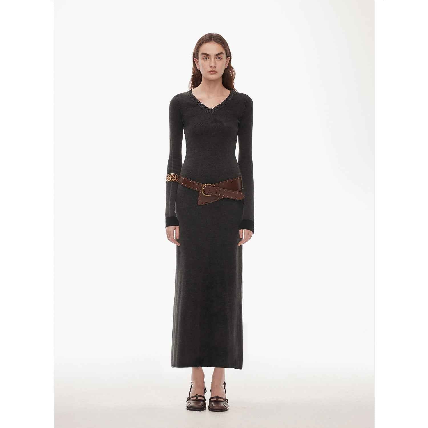 "Kalle Morning" fashionable fermented washed distressed raw edge V - neck waist dress for women - variant_title