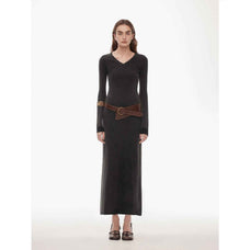 "Kalle Morning" fashionable fermented washed distressed raw edge V - neck waist dress for women - variant_title