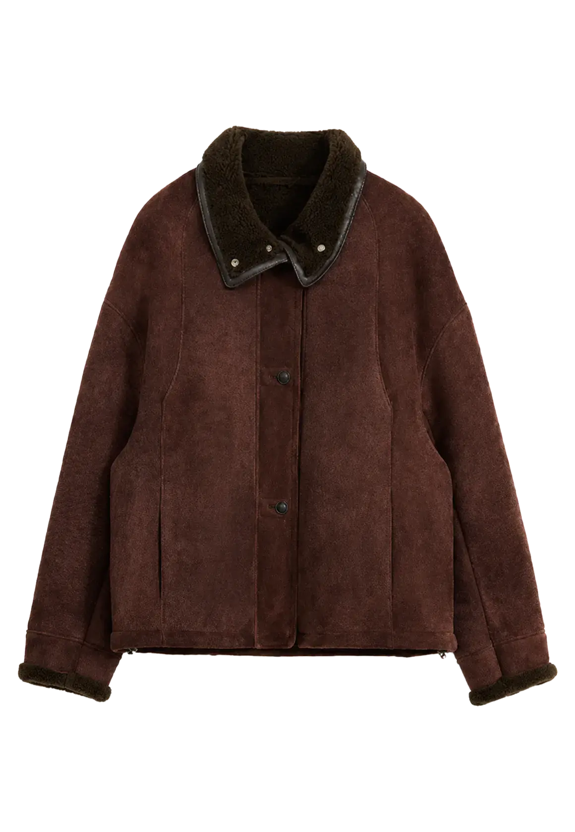 Reddish brown Merino shearling coat with stand-up fur collar, front product view