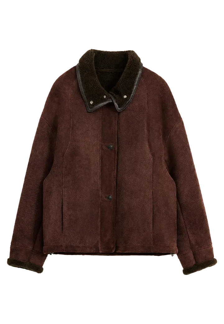 Reddish brown Merino shearling coat with stand-up fur collar, front product view