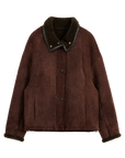 Reddish brown Merino shearling coat with stand-up fur collar, front product view