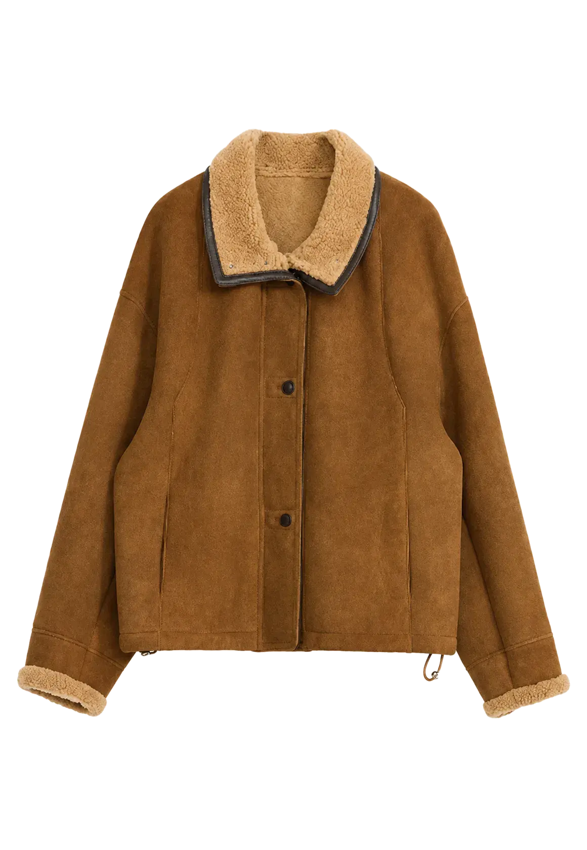 Yellowish brown Merino shearling coat with stand-up fur collar, front product view