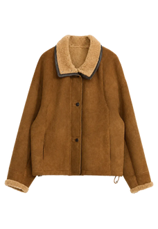 Yellowish brown Merino shearling coat with stand-up fur collar, front product view