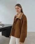 Model view of yellowish brown Merino shearling fur collar coat