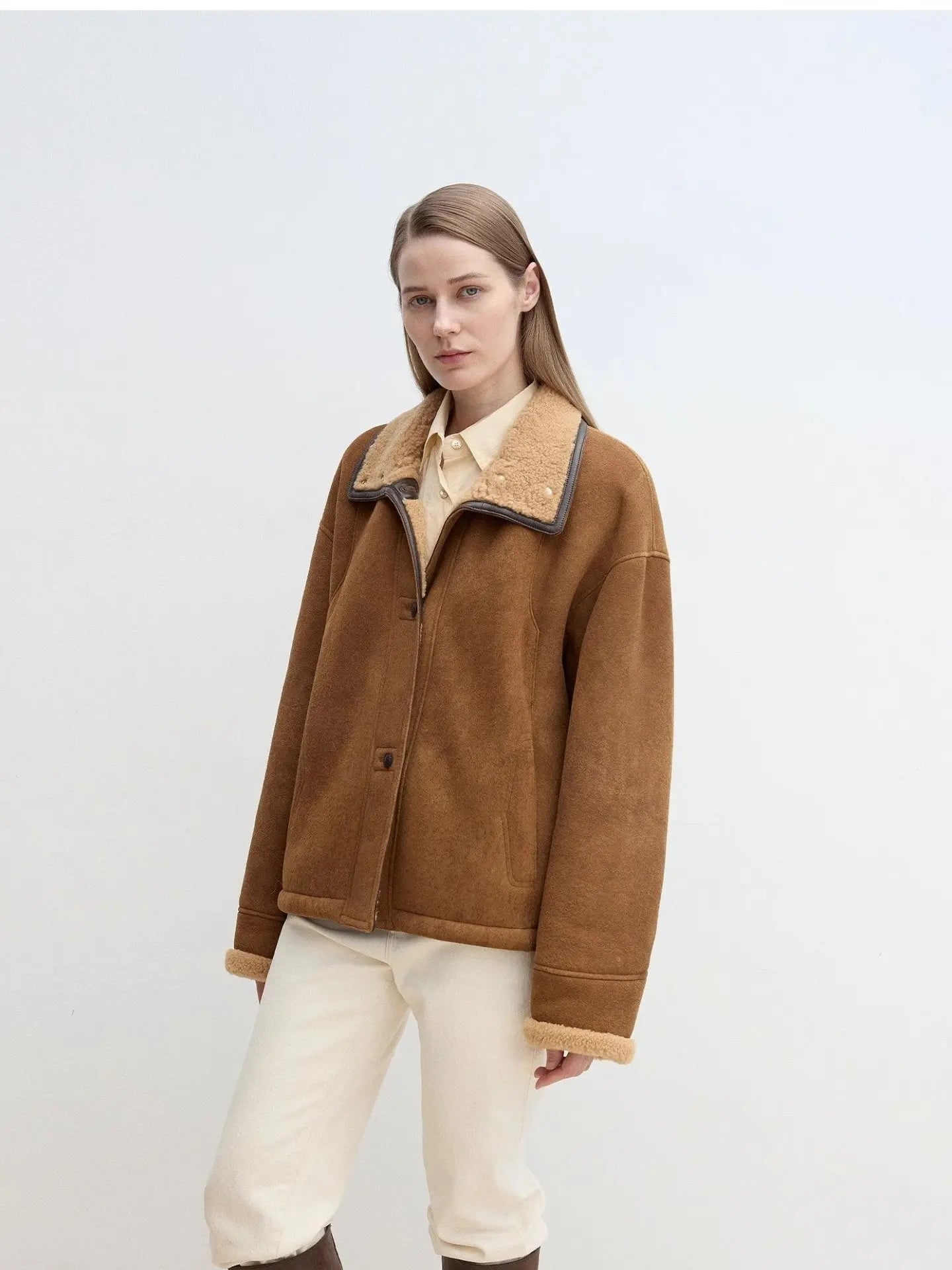 Knight's Contract Merino shearling coat in yellowish brown on model