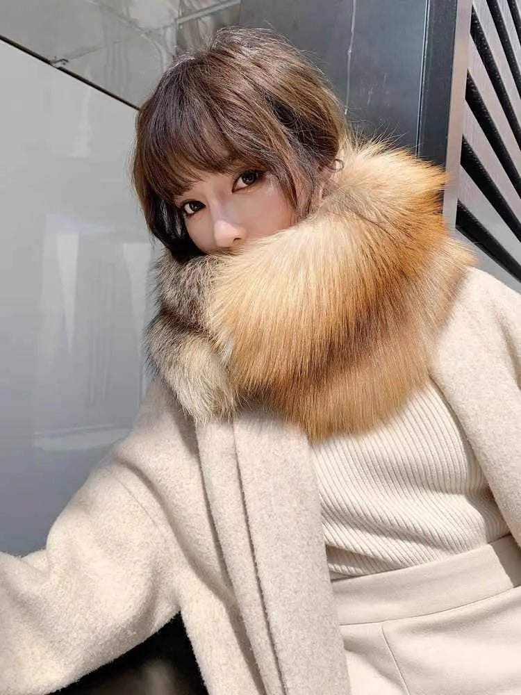 Kopenhagen red fox fur magnetic buckle scarf for women styled over a winter coat
