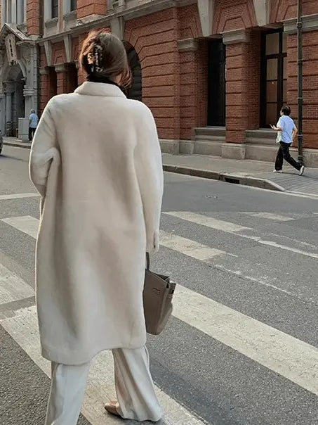 Korean Drama Ace off-white Merino shearling coat, urban back view