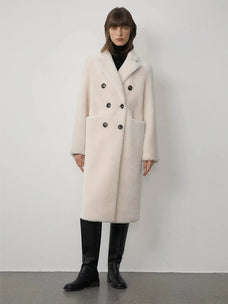Woman wearing the Korean Drama Ace off-white Merino shearling coat, front view