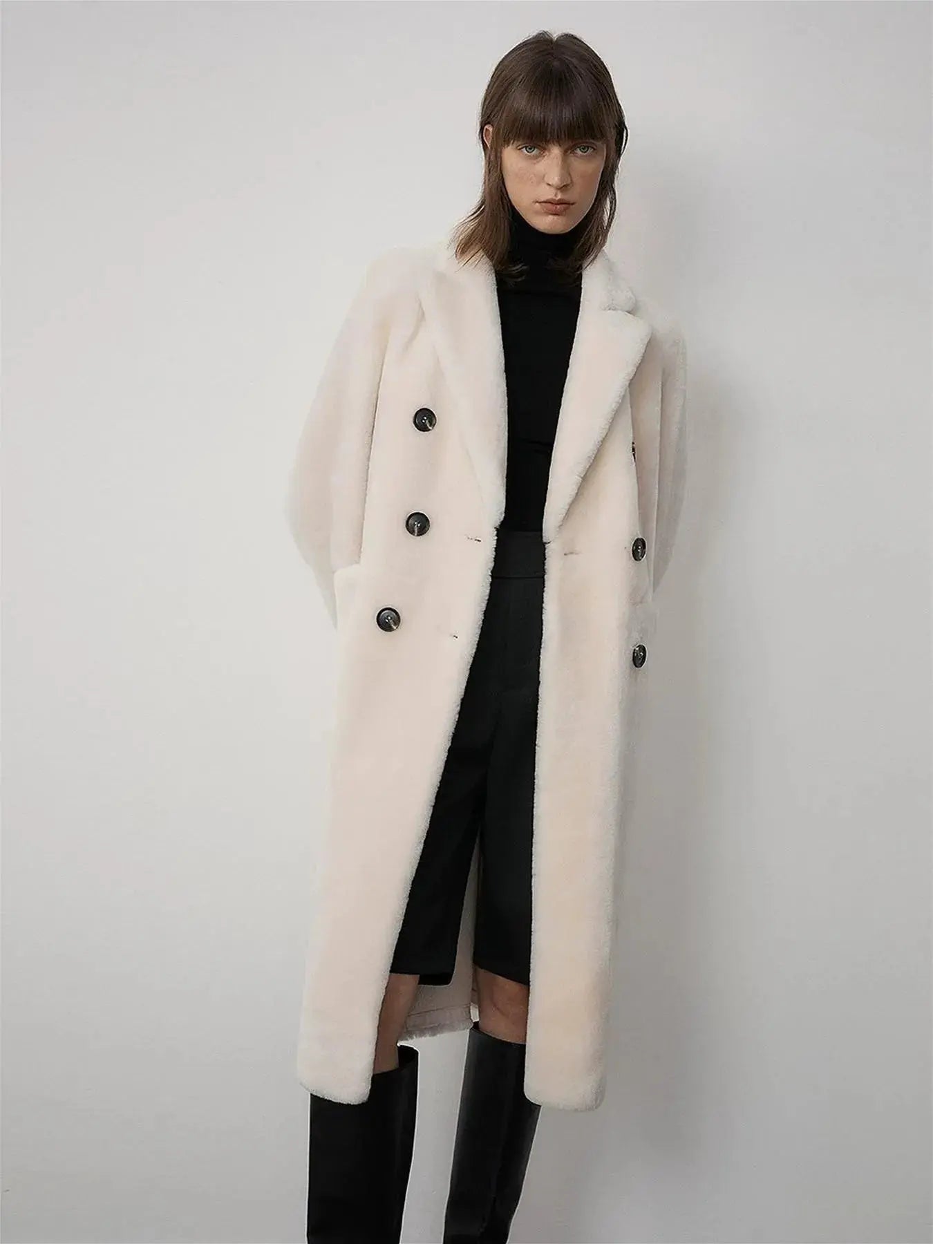 Korean Drama Ace off-white double-breasted Merino shearling coat styling view