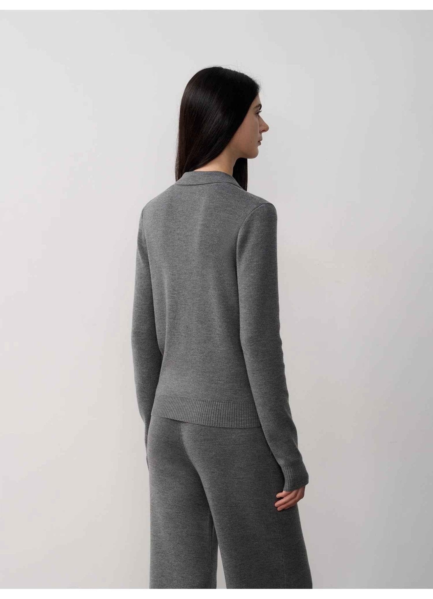 "Lazy urban" Yangtze Merino wool polo - neck cardigan straight - leg knitted pants suit - variant_title