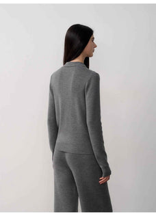 "Lazy urban" Yangtze Merino wool polo - neck cardigan straight - leg knitted pants suit - variant_title
