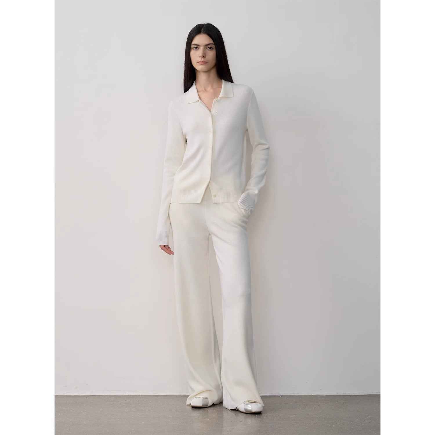 "Lazy urban" Yangtze Merino wool polo - neck cardigan straight - leg knitted pants suit - variant_title