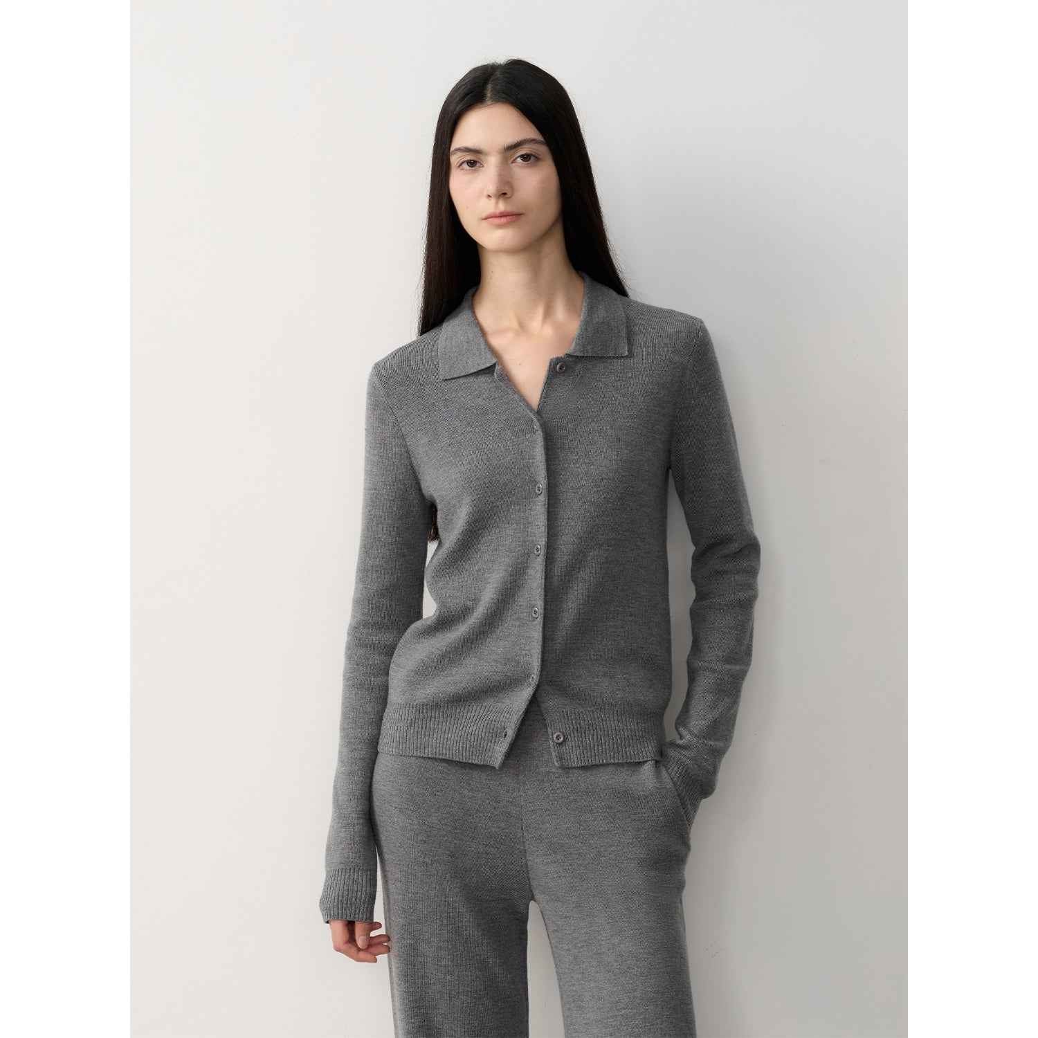 "Lazy urban" Yangtze Merino wool polo - neck cardigan straight - leg knitted pants suit - variant_title