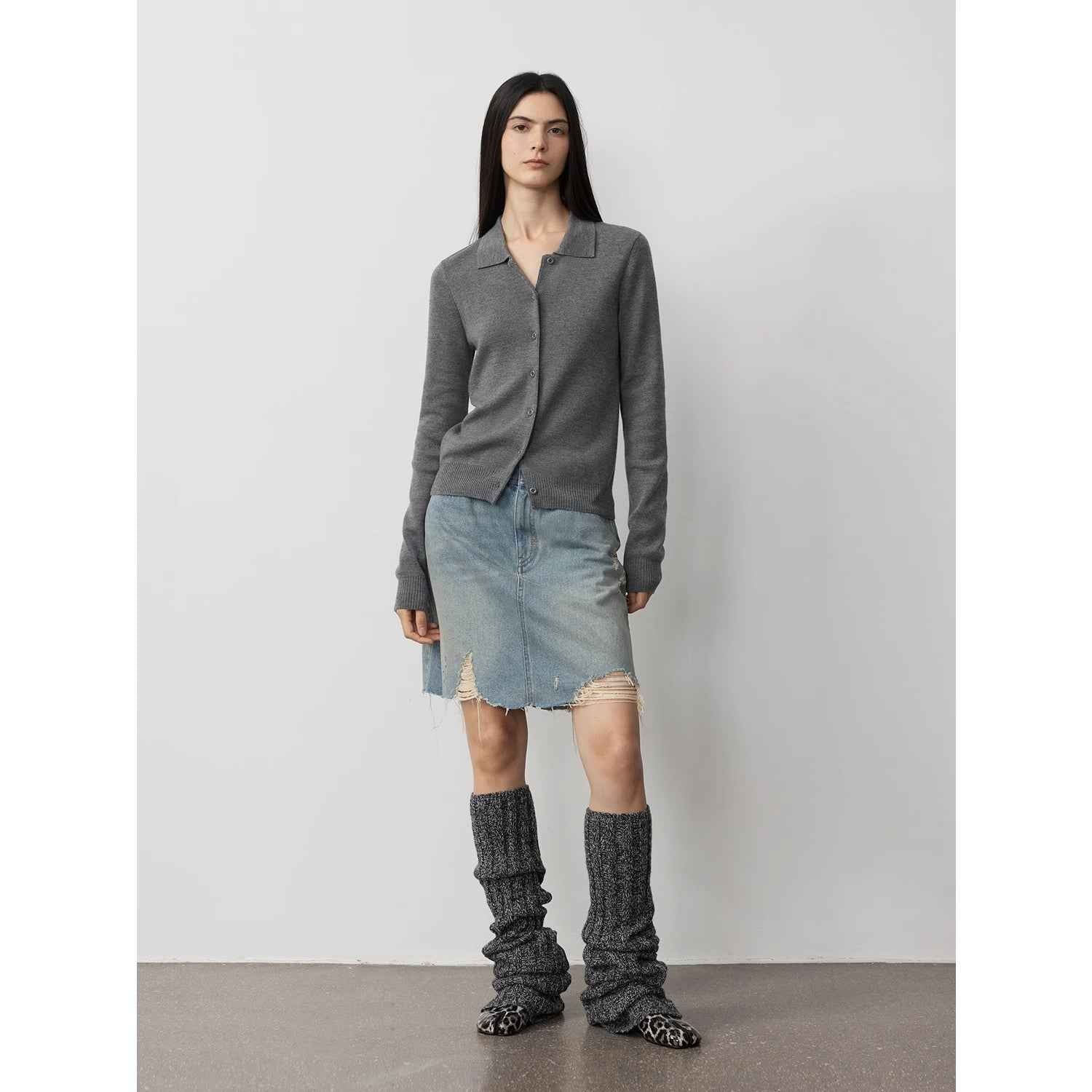 "Lazy urban" Yangtze Merino wool polo - neck cardigan straight - leg knitted pants suit - variant_title