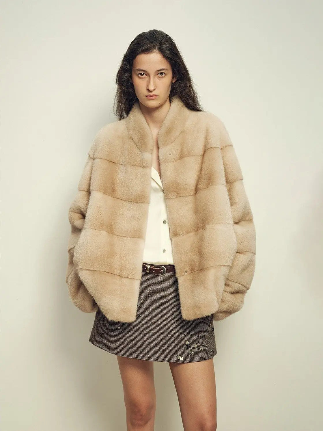 Legacy Mink Cream stand-collar coat on model