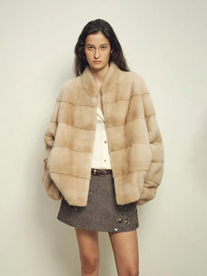 Legacy Mink Cream stand-collar coat on model