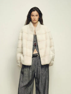 Legacy Mink Pearl stand-collar coat on model