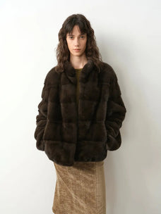 Legacy Mink Olive stand-collar coat on model