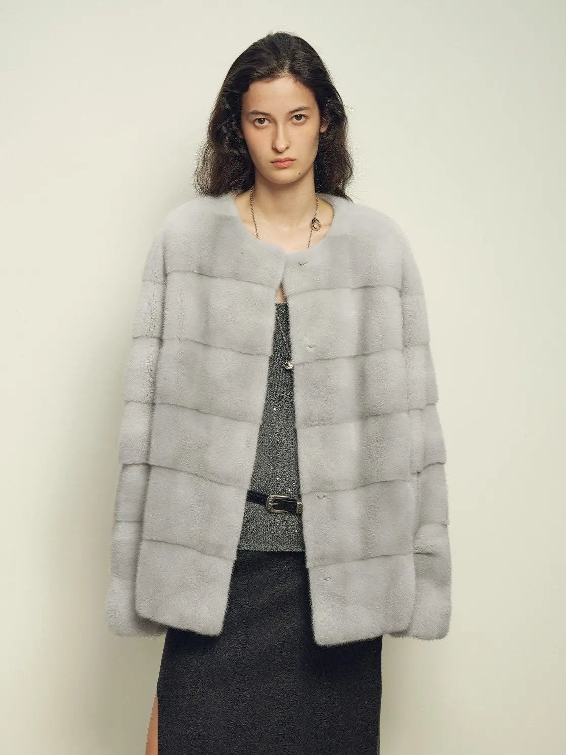 Legacy Mink Sapphire round-neck coat on model