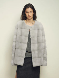 Legacy Mink Sapphire round-neck coat on model