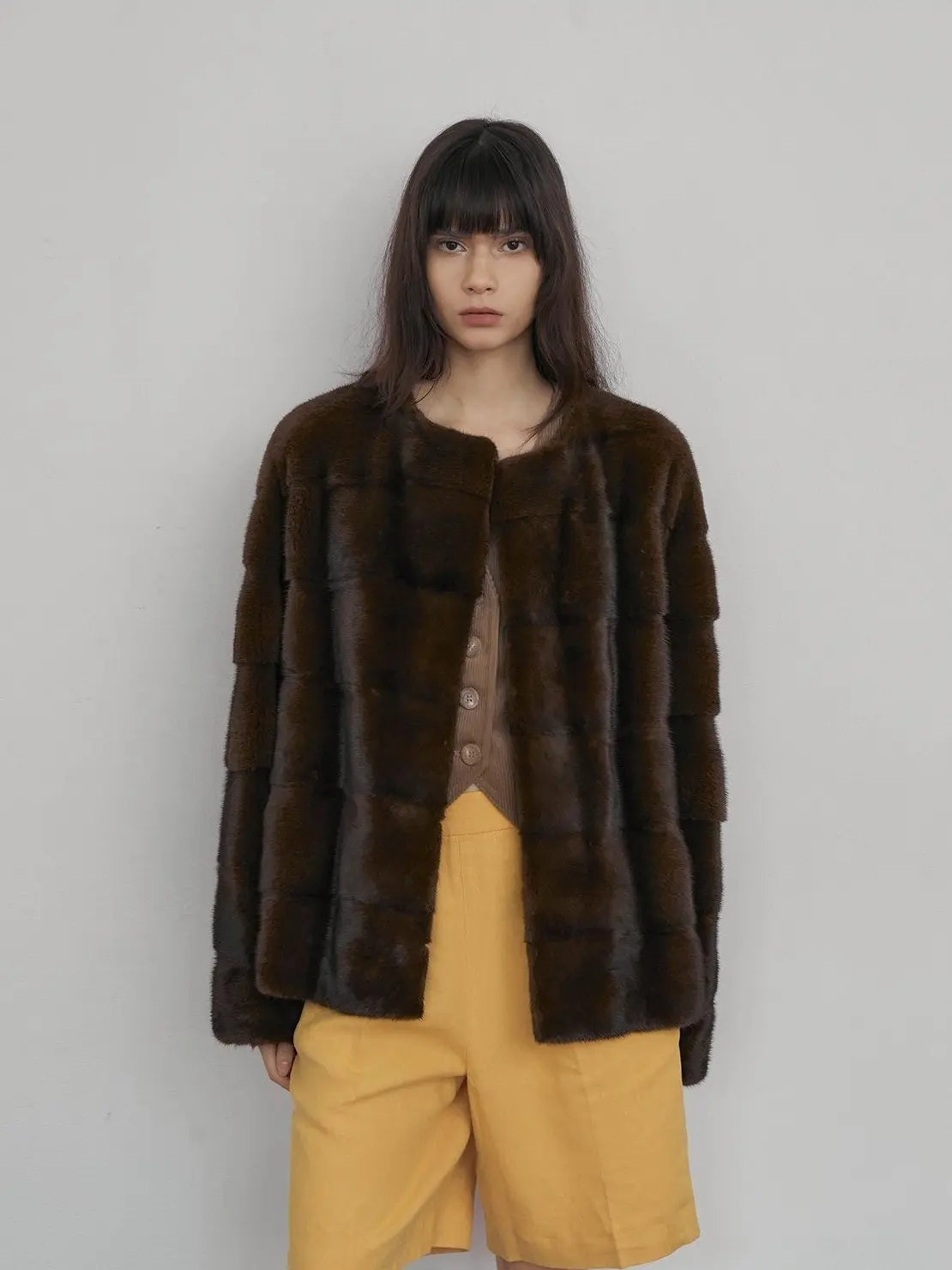 Legacy Mink Magnolia round-neck coat on model