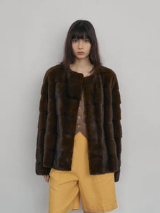 Legacy Mink Magnolia round-neck coat on model