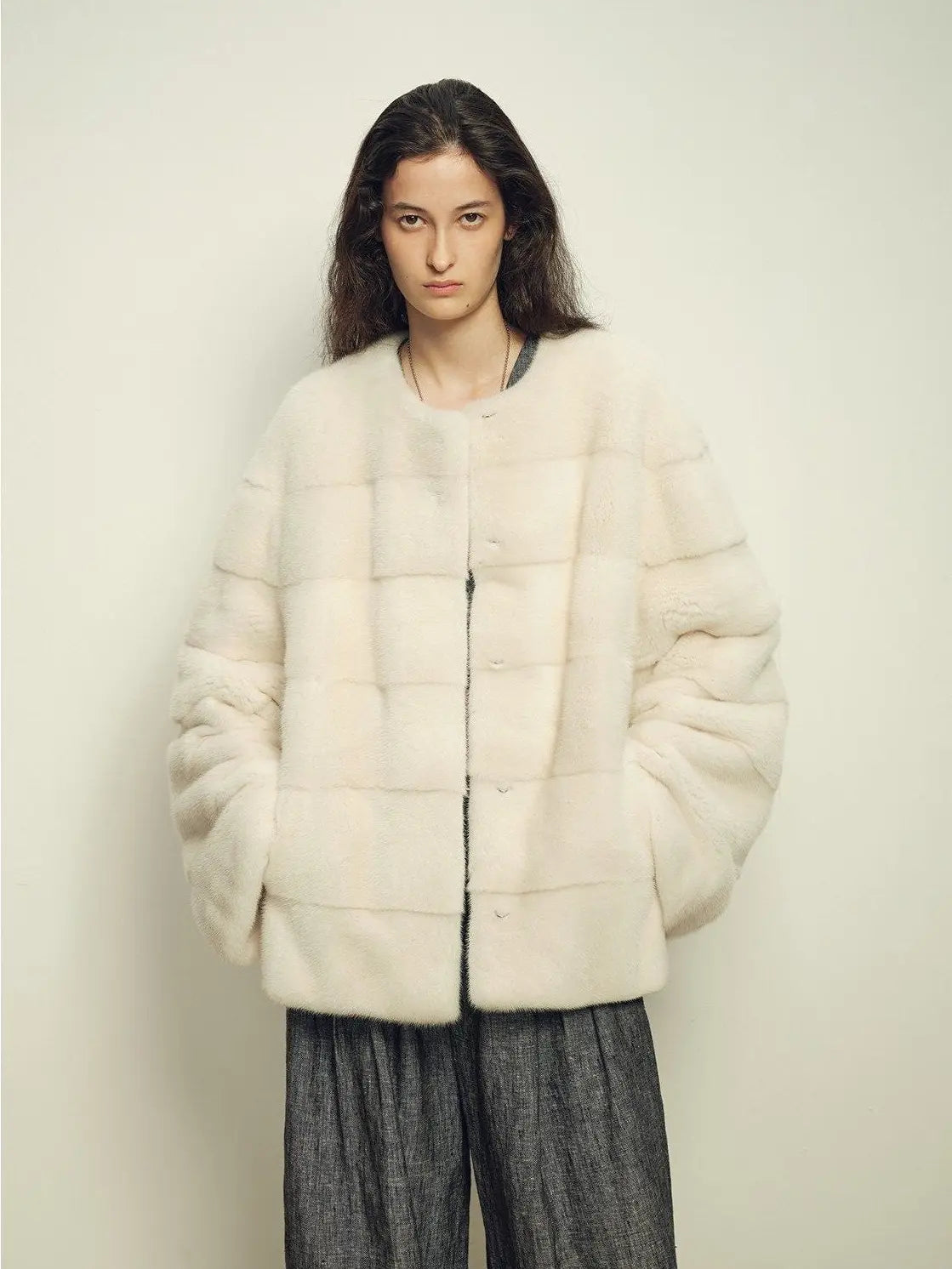 Legacy Mink Pearl round-neck coat on model