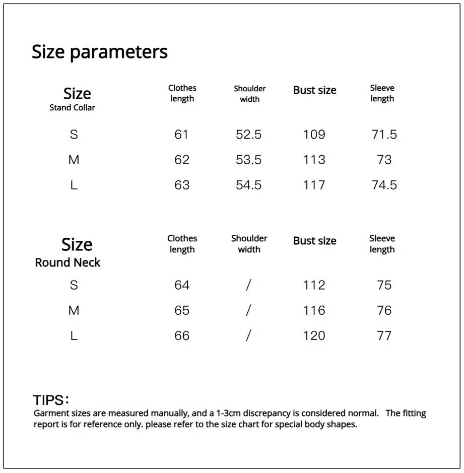 Legacy Mink stand-collar and round-neck coat size guide