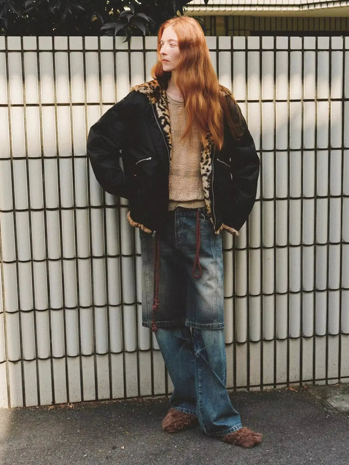 Leopard Fantasy reversible rabbit fur coat black side street style