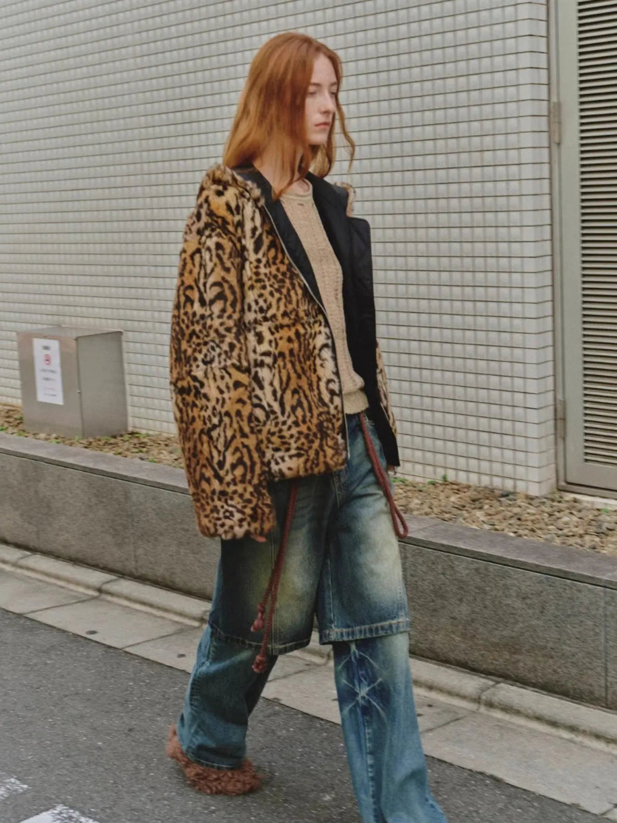 Leopard Fantasy leopard print hooded rabbit fur coat side model view