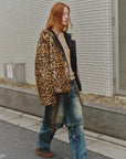 Leopard Fantasy leopard print hooded rabbit fur coat side model view
