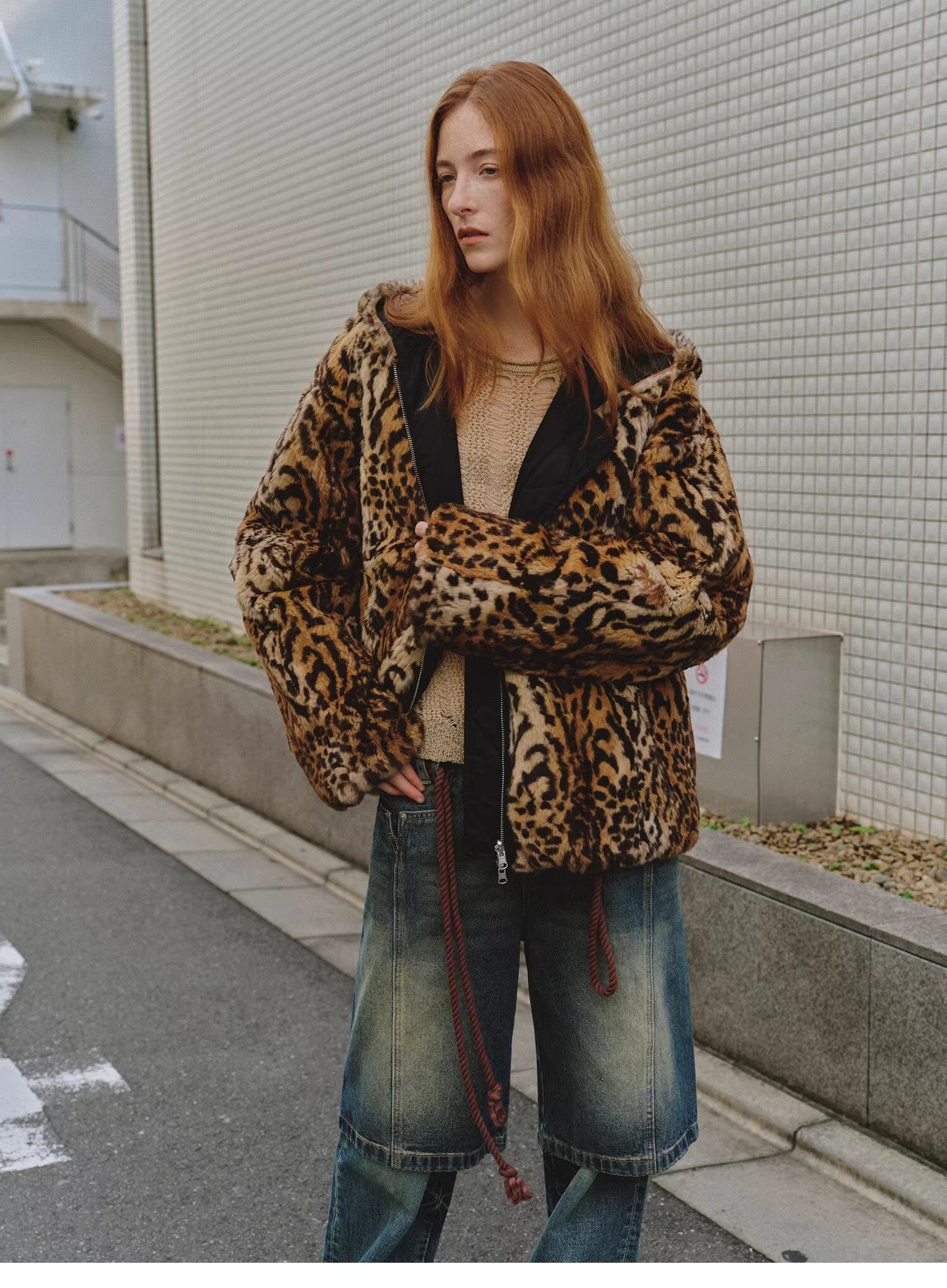 "Leopard Fantasy" Leopard Spot Print Reversible Drop Shoulder Hooded Custom Rabbit Fur Coat - variant_title